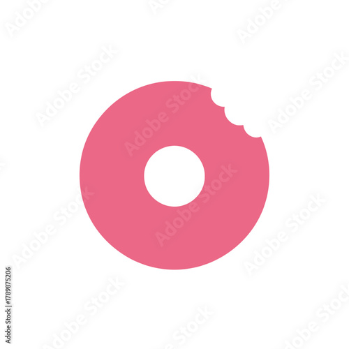 Pink bitten donut with a clean white background.
