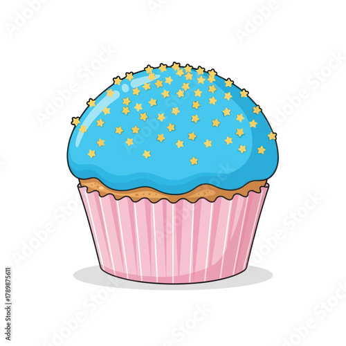 Delicious Blue Frosted Cupcake with Golden Sprinkles Isolated on White Background.