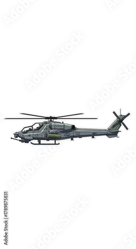 Gray military helicopter with rotor blades isolated on a white background.