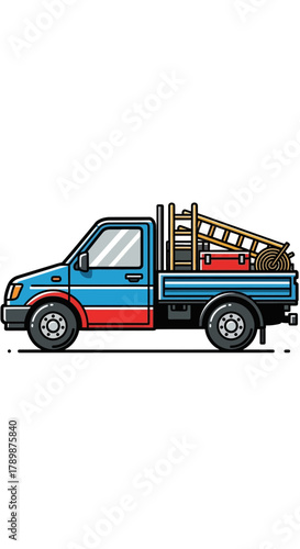 Blue pickup truck with a load in the back against a white background.