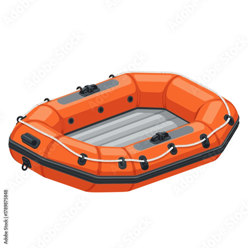 Orange inflatable raft boat for water activities isolated on white background.