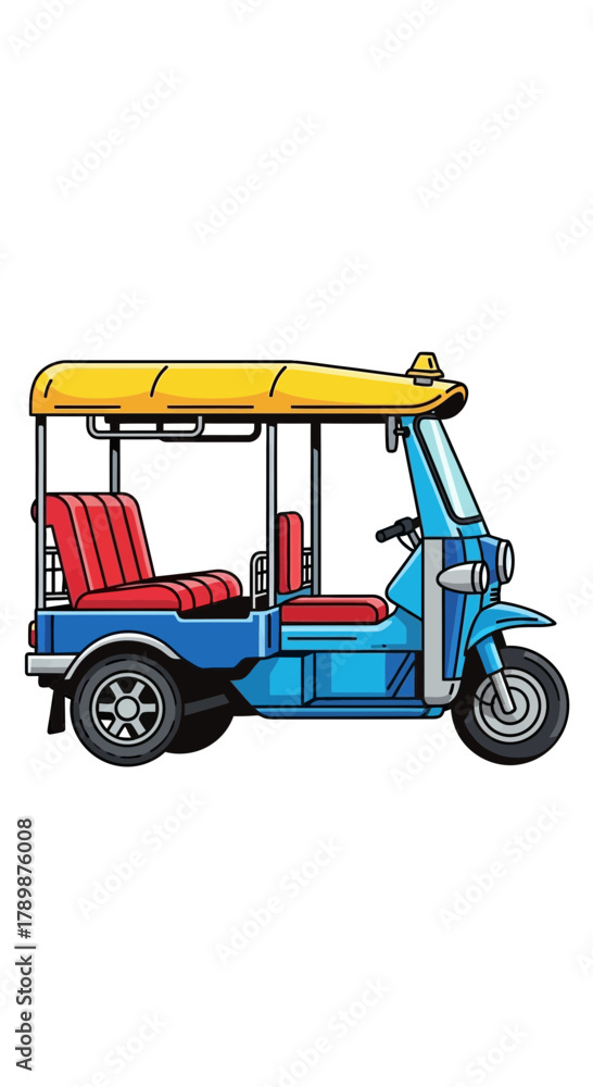 Fototapeta premium Blue and yellow tuk-tuk three-wheeled vehicle with red seats isolated on white.