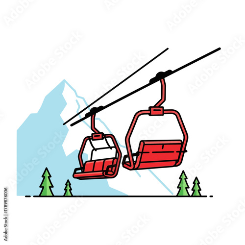 Red ski lift chairs ascend a snowy mountain with green trees below.