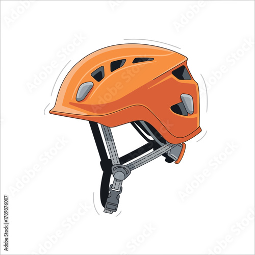 Orange climbing helmet with adjustable straps isolated on white background studio shot.