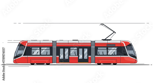 Red tram public transportation vehicle isolated on white background side view.