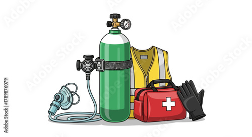 Emergency medical equipment including oxygen tank first aid kit vest and mask.