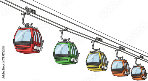 Several colorful gondola cars hang from cables isolated on a white background.