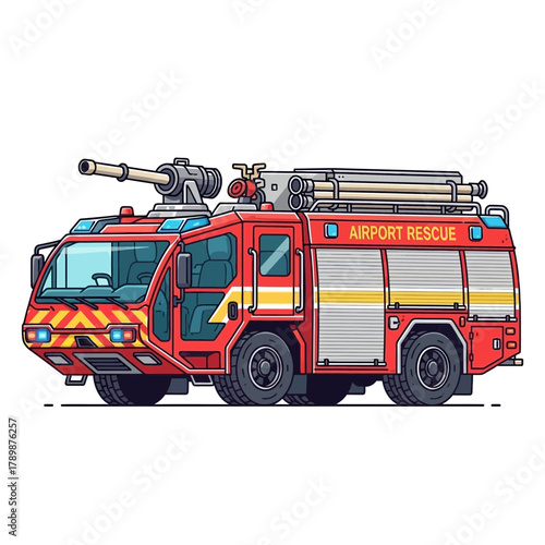 Red fire truck with equipment on top isolated on white background.