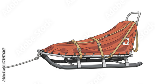 Orange rescue toboggan on skis with metal frame isolated on white background.