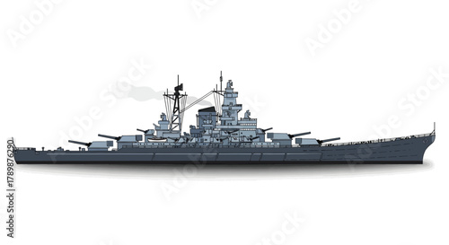 Gray battleship with large guns and towers isolated on a white background.