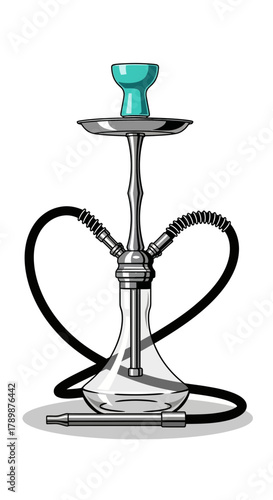 Hookah with turquoise bowl and black hose isolated on white background.