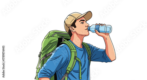 Hiker drinks from plastic bottle wearing backpack and hat on white background.