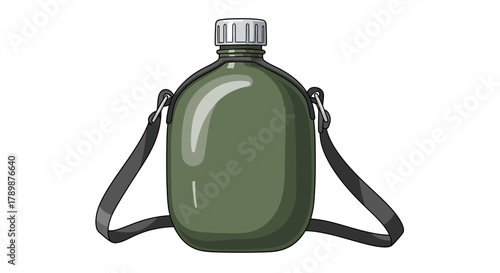Green canteen with black strap and silver cap isolated on white background.