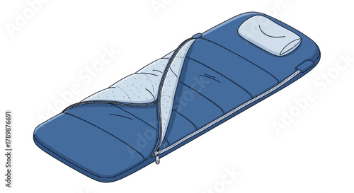 Blue sleeping bag partially unzipped with a pillow on a white background.