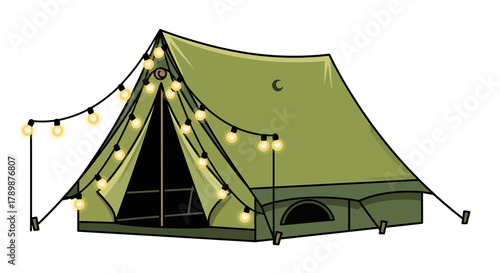 Green tent with string lights illustration on white background.