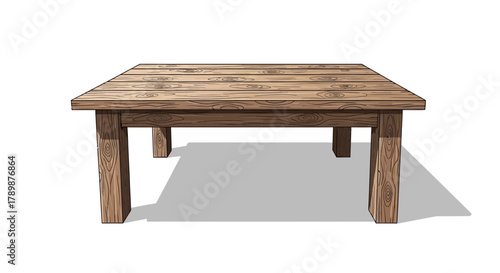 A wooden table with a square top and four legs stands on white.