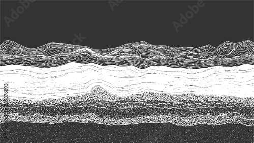 Abstract topographic landscape with layered contour lines and textured patterns in black and white topography