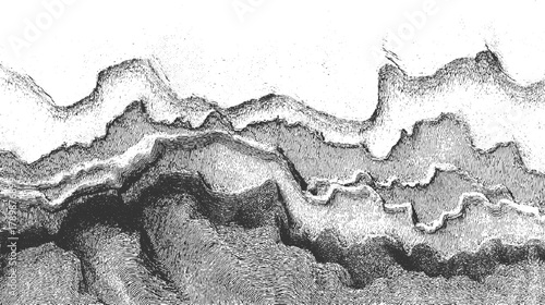 Black and white abstract topographic map texture with layered ridges and valleys background