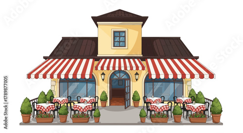 Cartoon illustration of a restaurant building with tables and chairs outside.