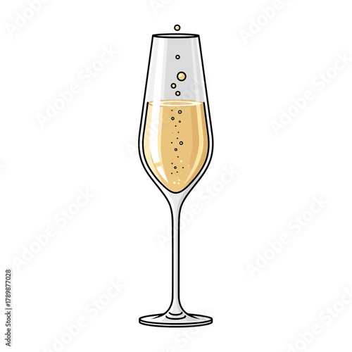 Champagne flute filled with sparkling beverage against a white background.