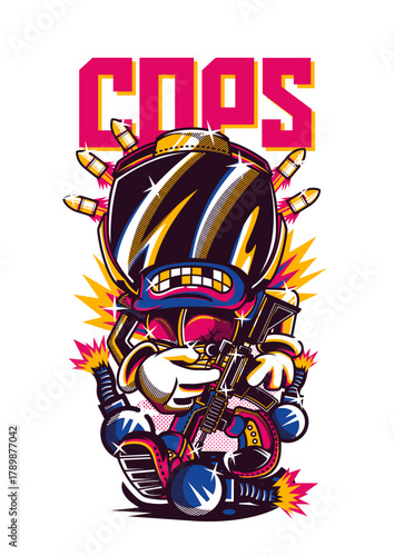 Cartoon cop character street art illustration