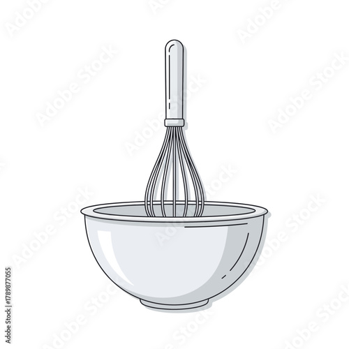 Whisk in a bowl with liquid illustration on a white background.