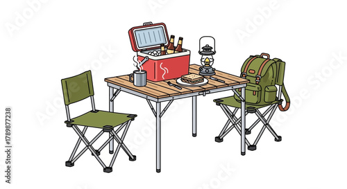 Camping scene with table chairs cooler lantern and backpack on white background.