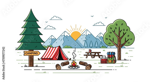 Camping scene with tent mountains trees campfire picnic table and backpacks illustration.