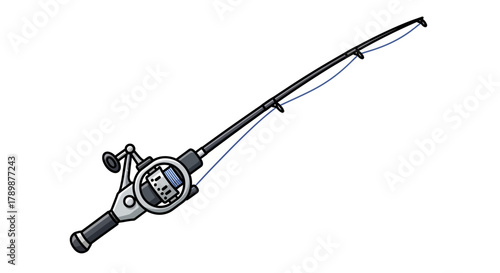 Fishing rod with reel and line isolated on white background studio shot.