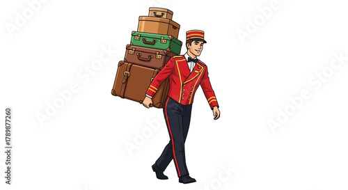 Bellhop carrying stack of luggage wearing red uniform isolated on white background.