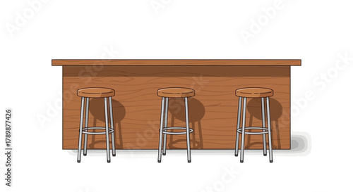 A wooden bar counter with three metal stools on a white background.