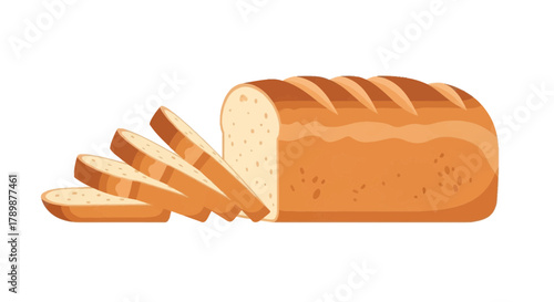 Loaf of sliced bread with golden crust on a white background.