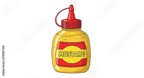 Yellow mustard bottle with red cap and label isolated on white background.