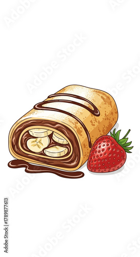 Rolled cake with filling and chocolate drizzle next to a strawberry.