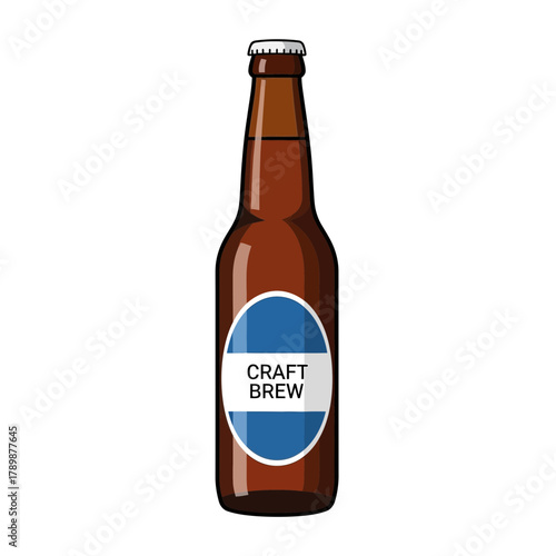 Brown glass bottle with a blue and white label on a white background.