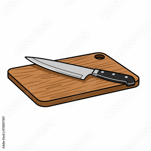 Knife rests on a wooden cutting board with a hole in the corner.