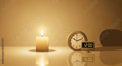 New Year clock with Christmas candles glowing in the dark, a warm holiday celebration light