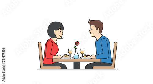Cartoon couple at a table with wine glasses and a rose.