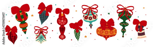 Christmas tree decorations,a set of Christmas tree ornaments with red bows on a white background. Retro Christmas tree decorations. Vintage New Year's decorations. 