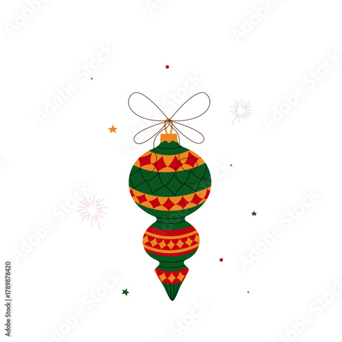 New Year's tree ornament. A hand-drawn Christmas tree ornament on a white background. A decorative, bright, hanging, festive element for holiday decorations, cards, and flat design.