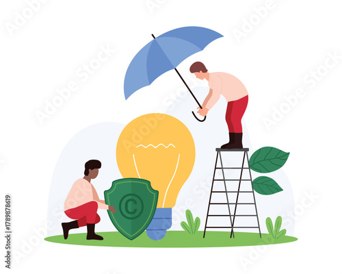 Protection of intellectual property and copyrights. Tiny people holding umbrella and shield near big bright light bulb to protect authors rights, trademark and patent cartoon vector illustration