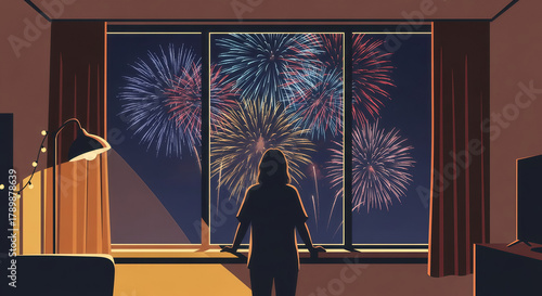 silhouette of women seeing through the window looking at the new year fireworks celebration