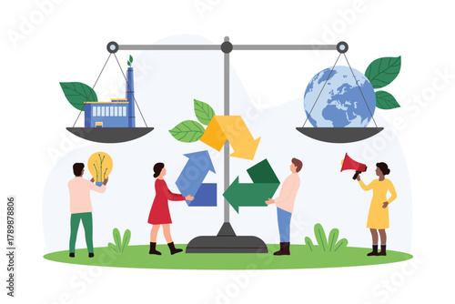 Green sustainable and recycling technology to reduce carbon impact, environmental pollution. Tiny people holding recycle sign, weigh globe and factory building on scales cartoon vector illustration