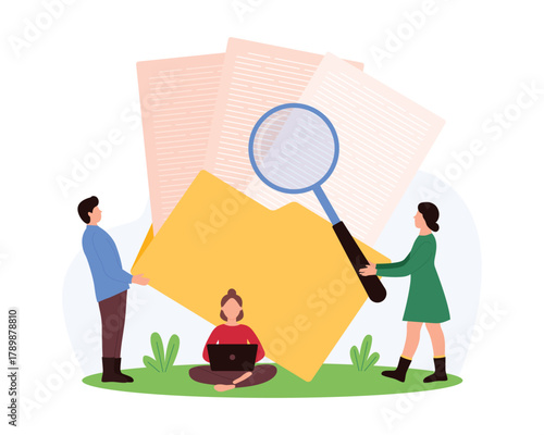 Document flow and digital project organization, paperwork. Tiny people search data report in archives, work with magnifying glass on open folder in database system cartoon vector illustration