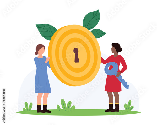Business problem solving, opportunity and right solution to achieve goal, high potential success idea. Tiny people hold secret key and lock to open, keyhole inside target cartoon vector illustration