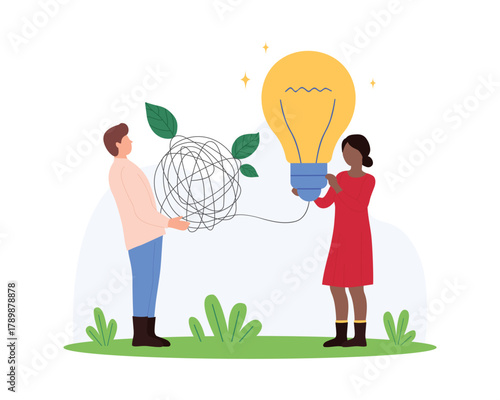 Development of creative idea, brainstorming on organization challenge, project clarifying. Tiny people holding light bulb with connection of chaos knot of tangled wires cartoon vector illustration