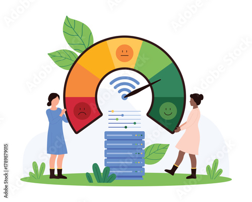 Data loading optimization, fast download. Tiny people measure internet connection speed on speedometer with arrow and scale with emoji, test digital network booster cartoon vector illustration