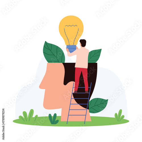New smart idea creation, brainstorm for innovation, success solution and startup. Tiny man putting bright light bulb inside open human head, training intelligent mind cartoon vector illustration