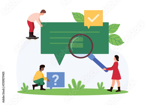 Social media communication, SMS notification in mobile app, message history search. Tiny people research chat bubble with magnifying glass, holding tick and question mark cartoon vector illustration