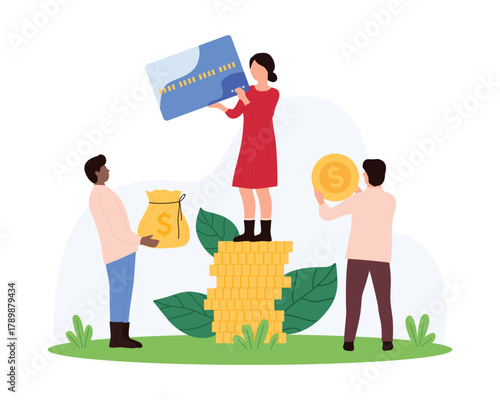 Money payment, online bank operations in financial account, cash currency transaction and exchange. Tiny people holding credit card, money bag and gold dollar for purchases cartoon vector illustration